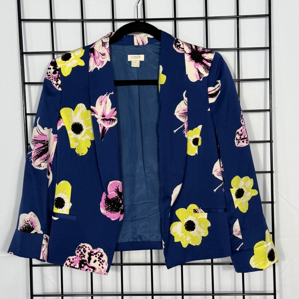 J.‎ Crew Blazer Womens 4 Blue Floral Sateen Cropped Tropical Business Casual